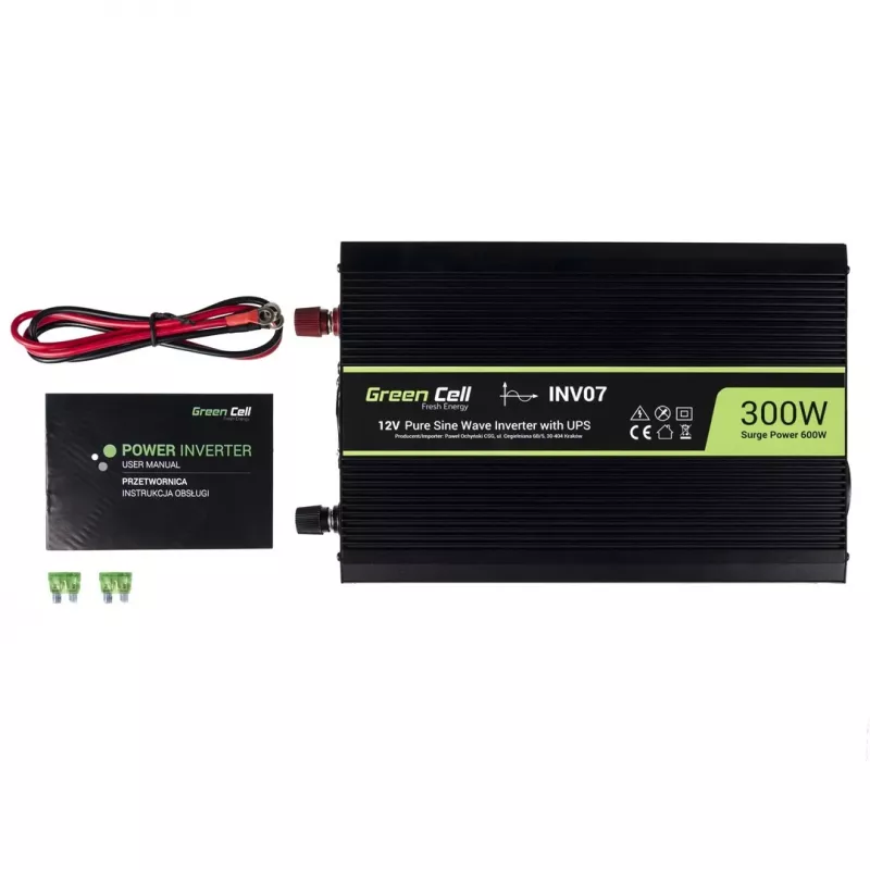 Conversor de tensão Green Cell INV07, DC 12 V para AC 230 V, 300 W, 50 Hz, ficha Type-C, preto