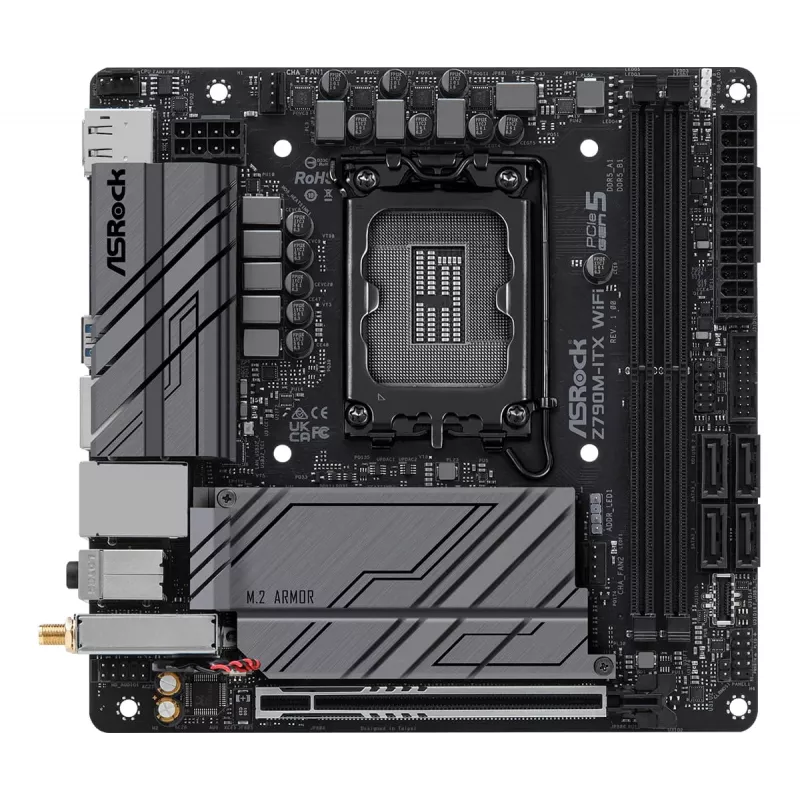 Placa-mãe ASRock Z790M-ITX WiFi — Intel Z790, LGA 1700, mini ITX, DDR5, 2x DIMM, 64GB, 2.5Gb LAN, Wi-Fi 6E