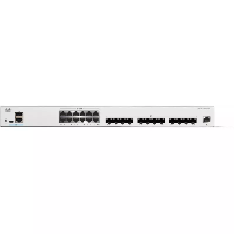 Cisco Catalyst C1300-24XTS switch gerido L2/L3, 24 portas (12x 10GE RJ-45 + 12x 10GE SFP+), 480 Gbit/s, consola RJ-45/USB-C, tabela MAC de 16.000, montagem em rack