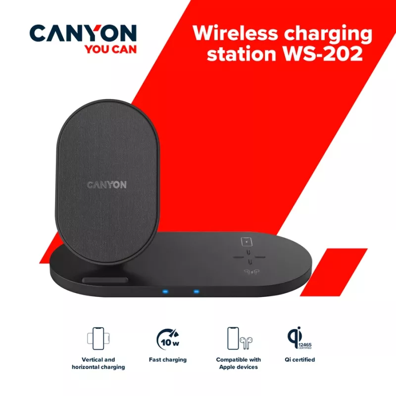 Carregador Docking Station sem fios 2em1 QI 10W/USB-C/LED preto