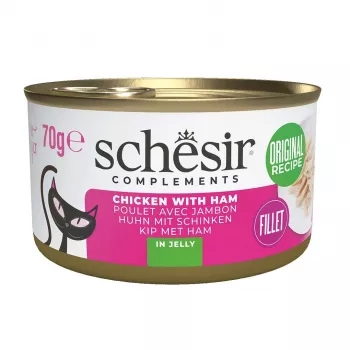 Alimento húmido para gatos Agras Pet Foods SCHESIR Frango com Presunto em Gelatina, 70 g, 12% proteína, 86% humidade