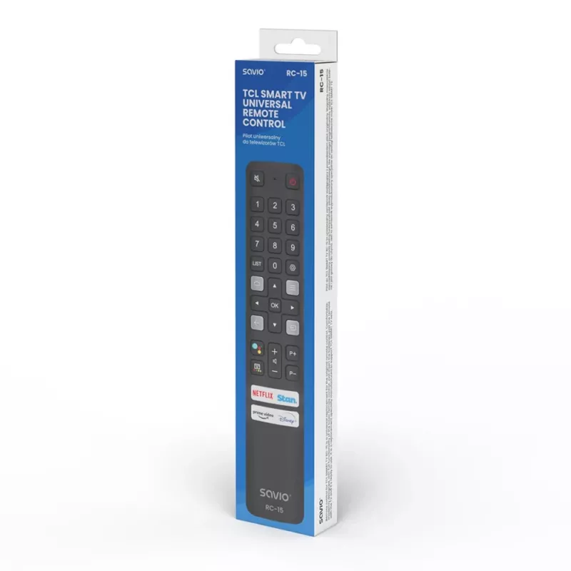 Comando à distância universal SAVIO RC-15 para TCL SMART TV, IR sem fios, preto, alcance 10 m
