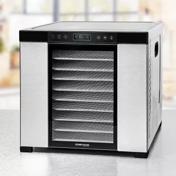 Desidratador Rommelsbacher DA1050, aço inoxidável, 5 níveis (10 tabuleiros de aço inoxidável), regulável 35–75 °C, temporizador de 99 h, 1,6 m² de superfície de secagem