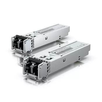 Transceptor SFP Ubiquiti que suporta a utilização de fibra multimodo com um conector duplex LC-UPC. (UACC-OM-MM-1G-D)