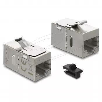Delock 90757 acoplador de módulo Keystone RJ45 fêmea para RJ45 fêmea, Cat.6A, blindado, com trinco metálico e clipe