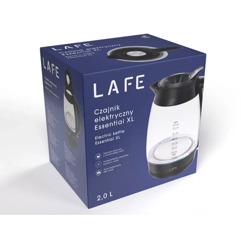 Lafe Essential XL CEG016 chaleira elétrica de vidro, 2 l, 2200 W, preta