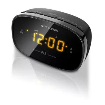 Muse M-150CR rádio-despertador, PLL FM, ecrã LED âmbar com regulador de brilho, alarme (rádio/besouro), 230 V com bateria de reserva 2x AAA, preto