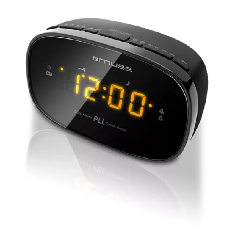 Muse M-150CR rádio-despertador, PLL FM, ecrã LED âmbar com regulador de brilho, alarme (rádio/besouro), 230 V com bateria de reserva 2x AAA, preto