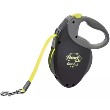 Trella Flexi NEON GIANT M — trela de fita 8 m, carga máx. 25 kg, pega ergonómica, preta/amarela