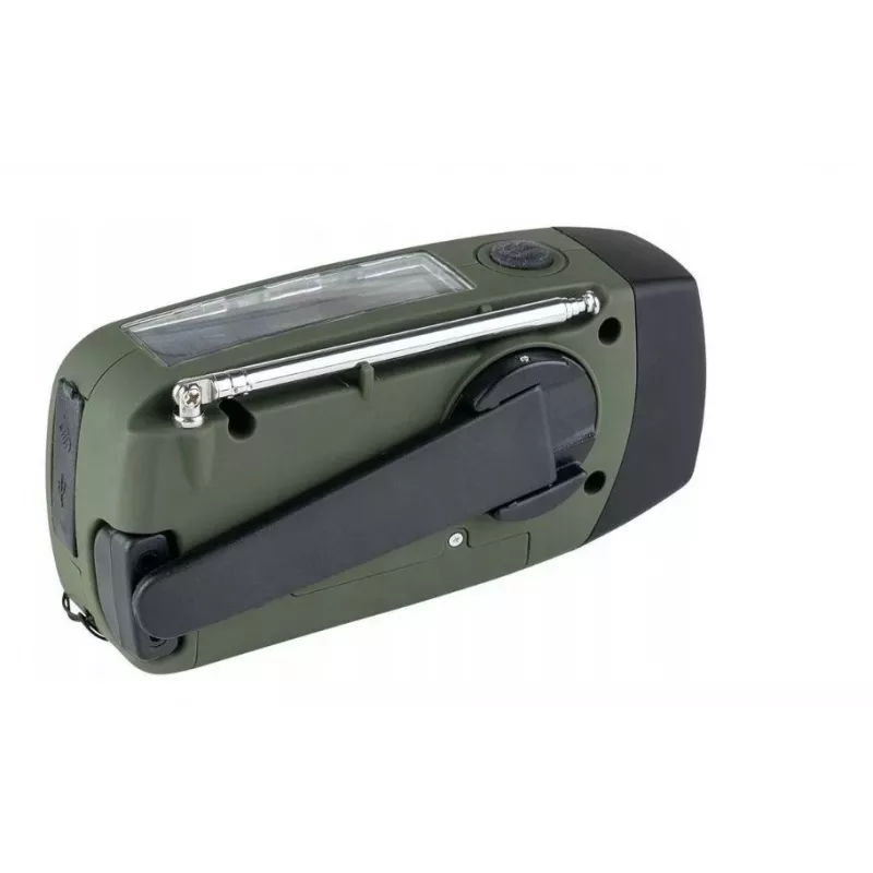 Rádio de emergência FOSCO 464600 com lanterna LED, powerbank, FM, IPX3, carregamento solar/manivela/USB-C — verde/preto