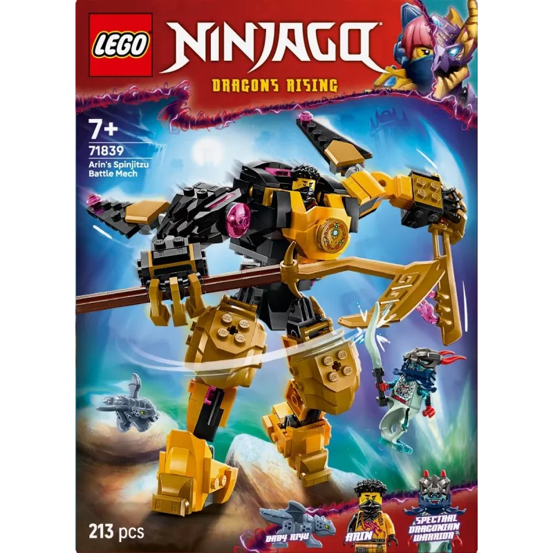 Conjunto de construção LEGO NINJAGO 71839 Arins Spinjitzu Mech de combate, 213 peças, 2 minifiguras, altura 160 mm
