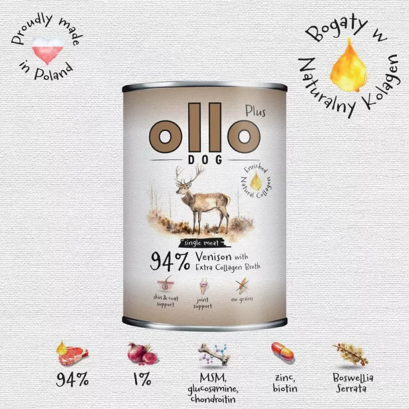 Ollo Plus Colagénio Veado 400g Lata de comida para cães