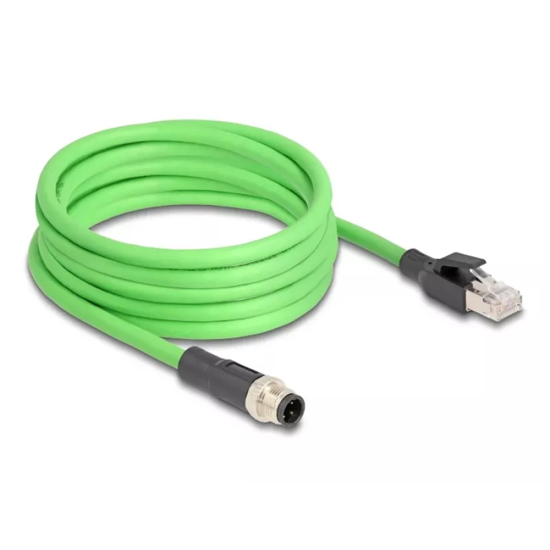 Cabo de rede DeLOCK M12 com codificação D de 4 pinos, ficha macho para ficha macho RJ45 PUR (TPU) 5 m