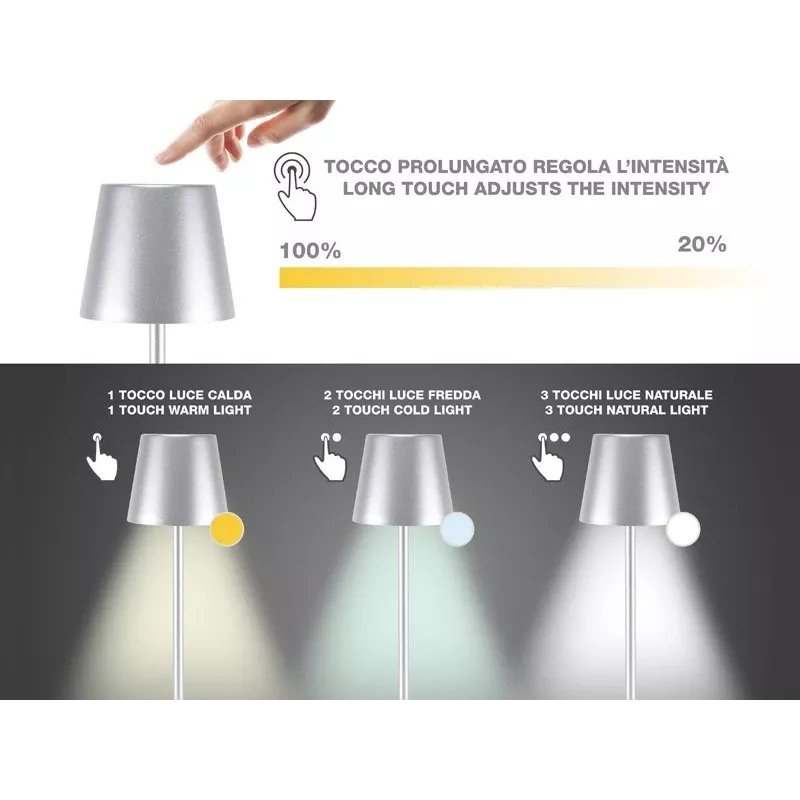 Beper P201UTP117 candeeiro de mesa LED recarregável, 1,5 W, interruptor tátil, regulável, adaptador para garrafa de 33 mm, resistente à água, prateado
