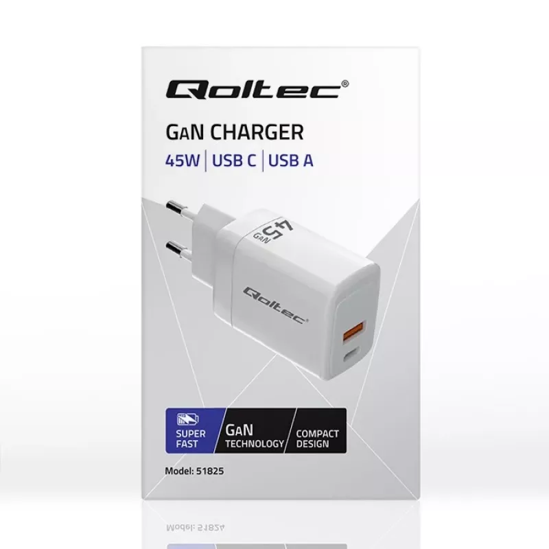 Carregador GaN 45W 5V 20V 1,5A 3A, 1x USB-C PD, 1x USB-A