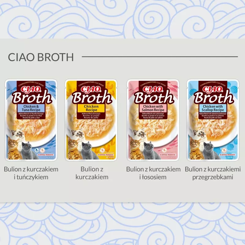 Snack húmido para gatos INABA Ciao caldo de frango e vieira 40 g saqueta, saqueta líquida carnuda, 88 % de humidade, 9,4 % de proteína