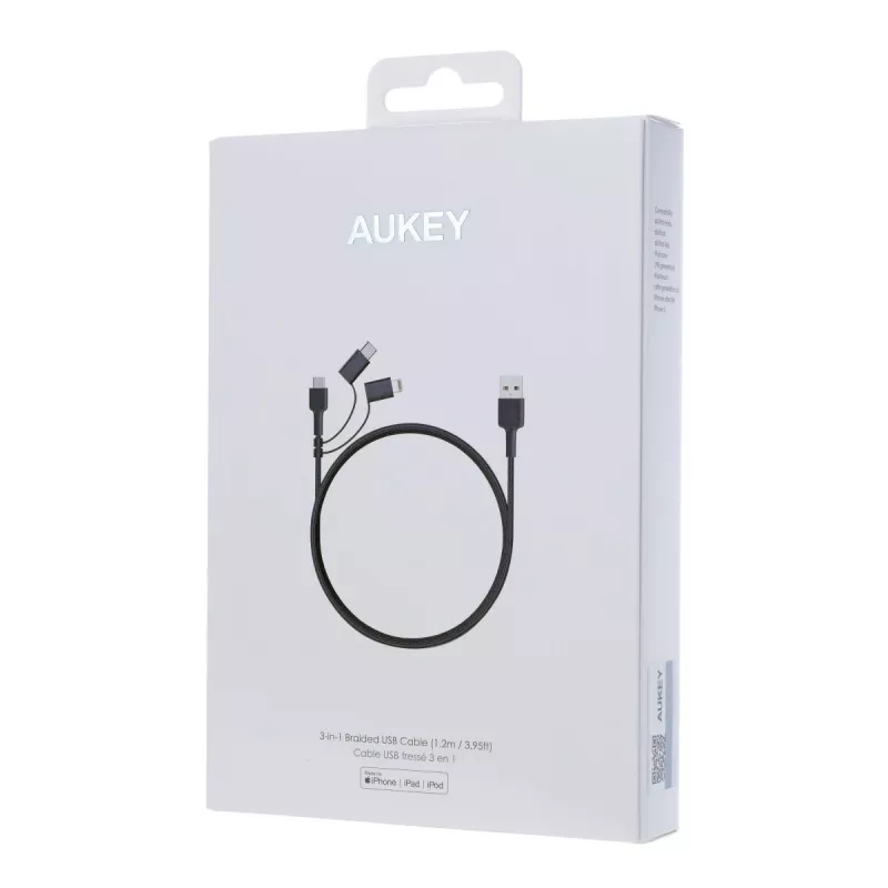 AUKEY CB-BAL5 cabo entrançado 3 em 1, Micro USB / USB-C / Lightning, 1,2 m, preto