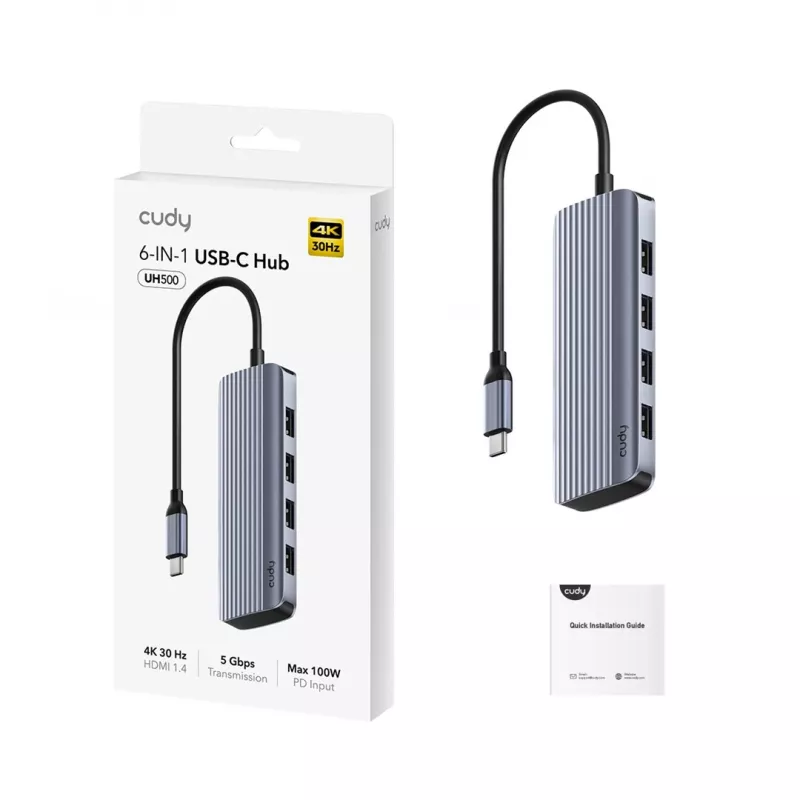 Hub USB-C Cudy UH500 — host USB 3.2 Gen 1 Type-C, 6 portas com USB 3.2 Gen 1 Type-A e HDMI, 5000 Mbit/s, cinzento/prateado