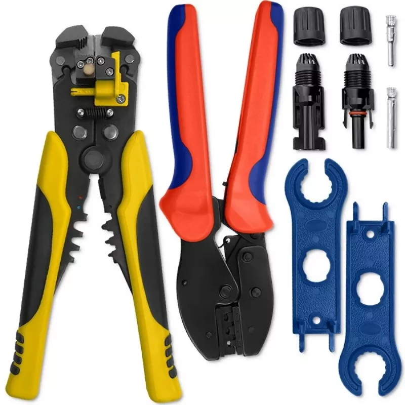 Conjunto de ferramentas solares Qoltec compatível com conectores MC4 | alicate de cravar + alicate de descarnar automático
