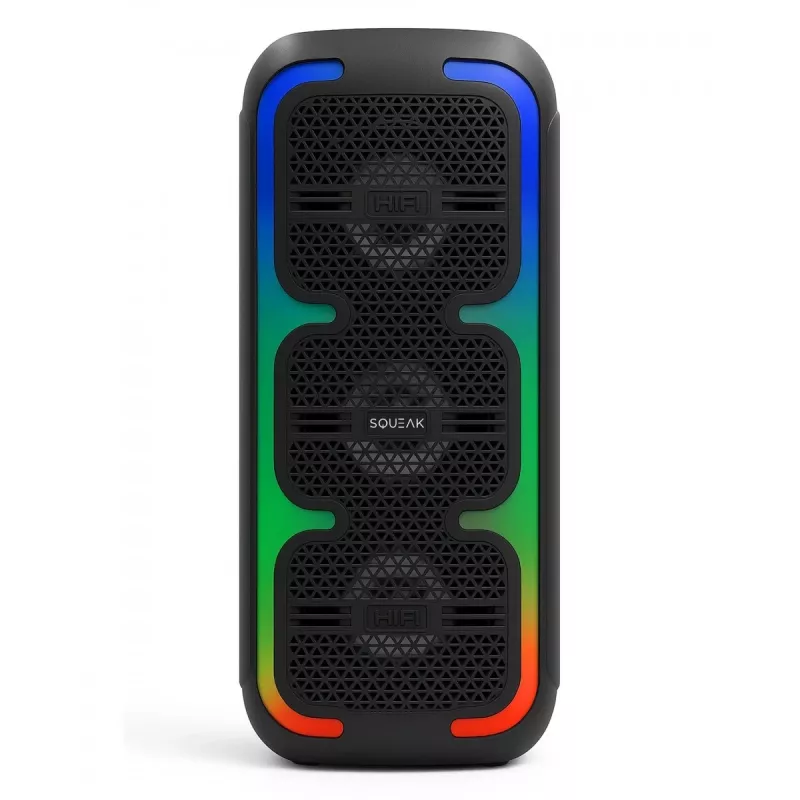 Altifalante estéreo portátil SQUEAK SQ1009 – Bluetooth 5.3, 45 W RMS, 10 h de autonomia, FM, USB, AUX, LED, 1800 mAh, preto