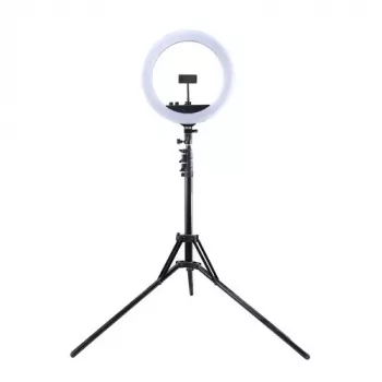 Luz circular LED 34,5 cm com tripé até 1,85 m, espelho e suporte para telemóvel, USB