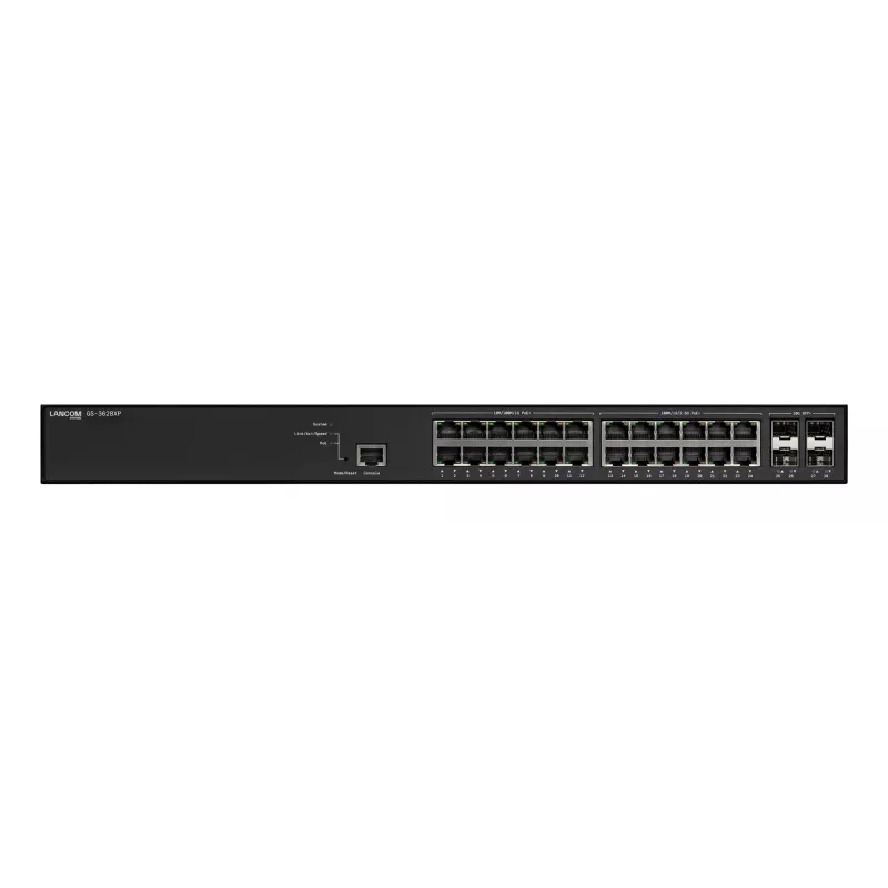 Switch gerido LANCOM GS-3628XP, 24× portas 2,5G RJ-45, PoE, L2/L3, montagem em rack 1U