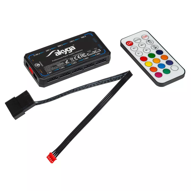 Akyga AK-CA-73 controlador de ventoinhas RGB com comando, 12 ligações (10 ventoinhas + 2 fitas LED), alimentação Molex