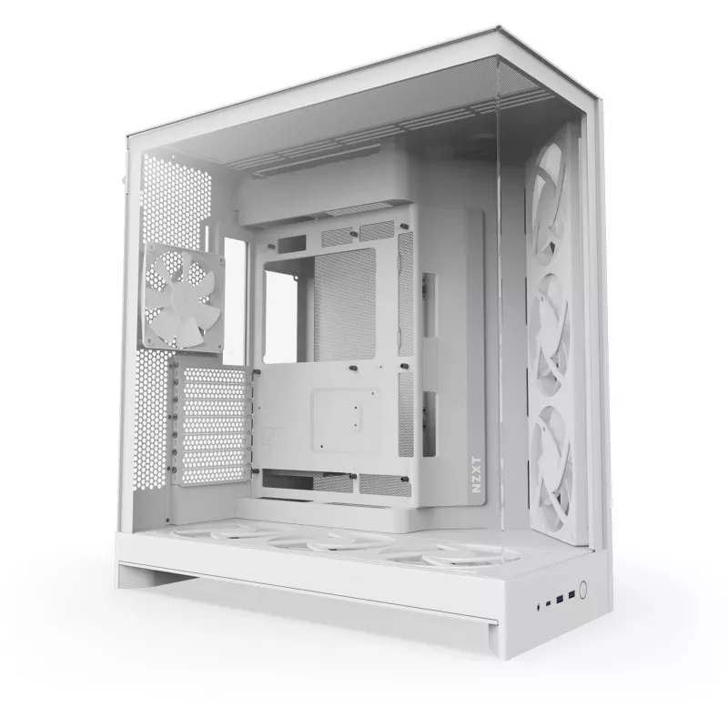 Caixa PC Midi Tower NZXT H9 Flow RGB+ — branco, compatível com ATX/EATX/Micro-ITX, vidro temperado, 3x140 mm frente + 1x120 mm traseira ventoinhas