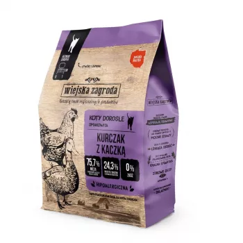 Comida seca para gatos wiejskazagroda frango com pato 400 g — gatos adultos, receita de aves, proteína 44 %, gordura 17 %