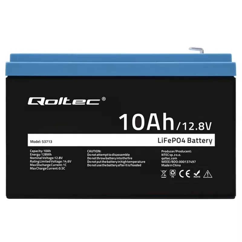 Bateria LiFePO4 QOLTEC 10Ah 12,8V 128Wh com BMS integrado