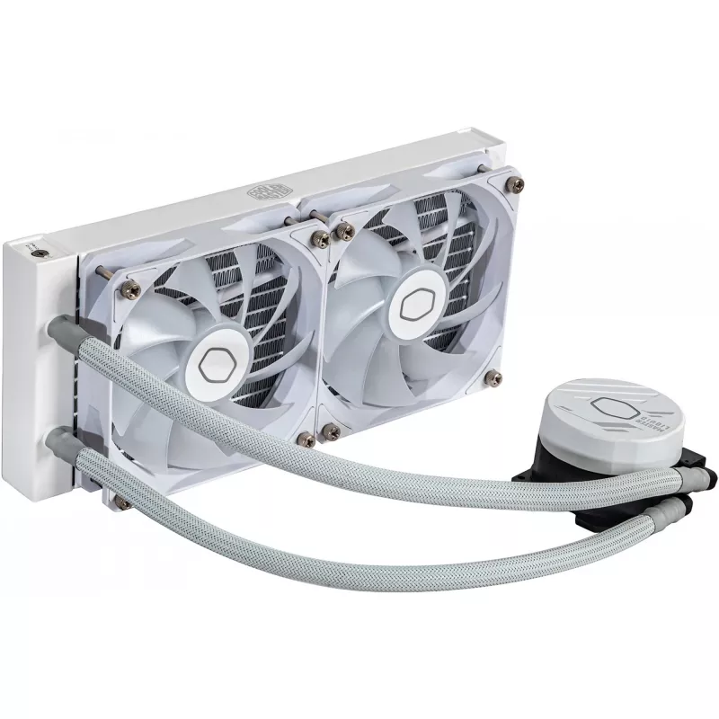 Kit de refrigeração líquida Cooler Master MasterLiquid 240L Core ARGB branco — radiador de 240 mm, ventoinha de 120 mm, compatível com LGA1700/AM5/AM4 e sockets mais antigos