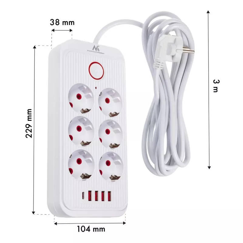 Régua de tomadas MACLEAN MCE391 W — 6 tomadas, 4×USB-A + 1×USB-C, cabo de 3 m, 110–240 V, 2500 W, branco