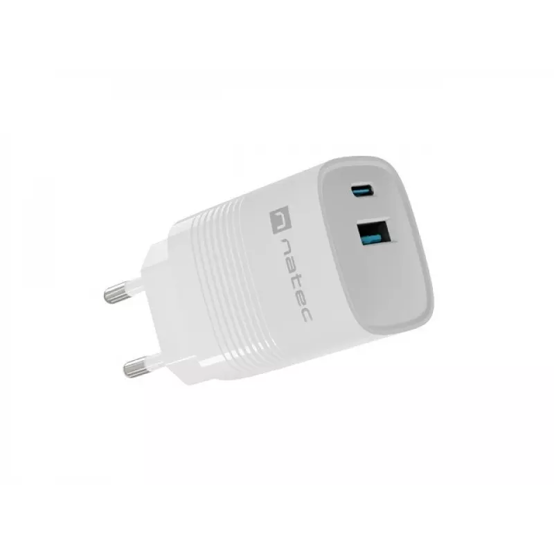 Carregador com fio para dispositivos móveis NATEC NUC-2140, 30W, USB-C PD 3.0 + USB-A, Samsung AFC, branco