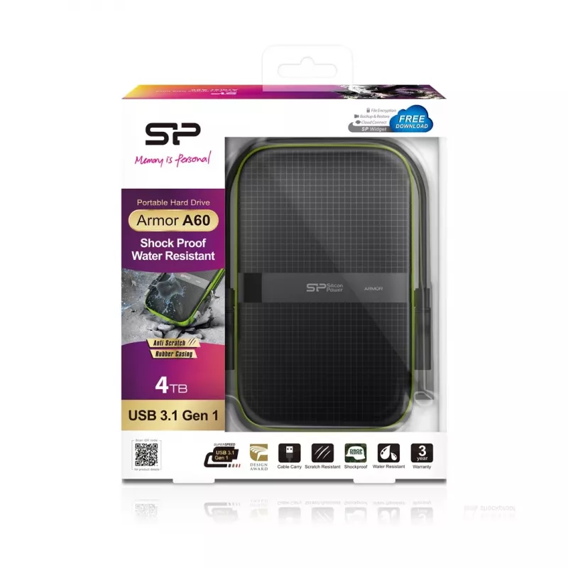 SILICON POWER Armor A60 - disco rígido - 4TB - externo (portátil) - 2.5 (6,4 cm) - USB3.0 - preto (SP040TBPHDA60S3K)