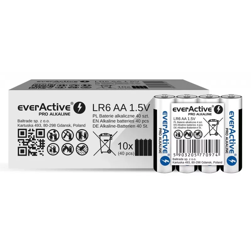 Pilhas alcalinas everActive LR6 AA pack de 4 — 1,5 V, 3000 mAh, 50,5 × 14,5 mm
