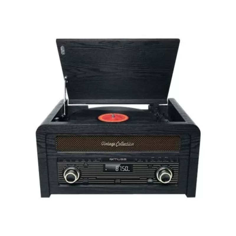 Gira-discos muse MT-115 W — preto/dourado, 33-45-78 rpm, braço de leitura em J, botão de volume, 240V AC