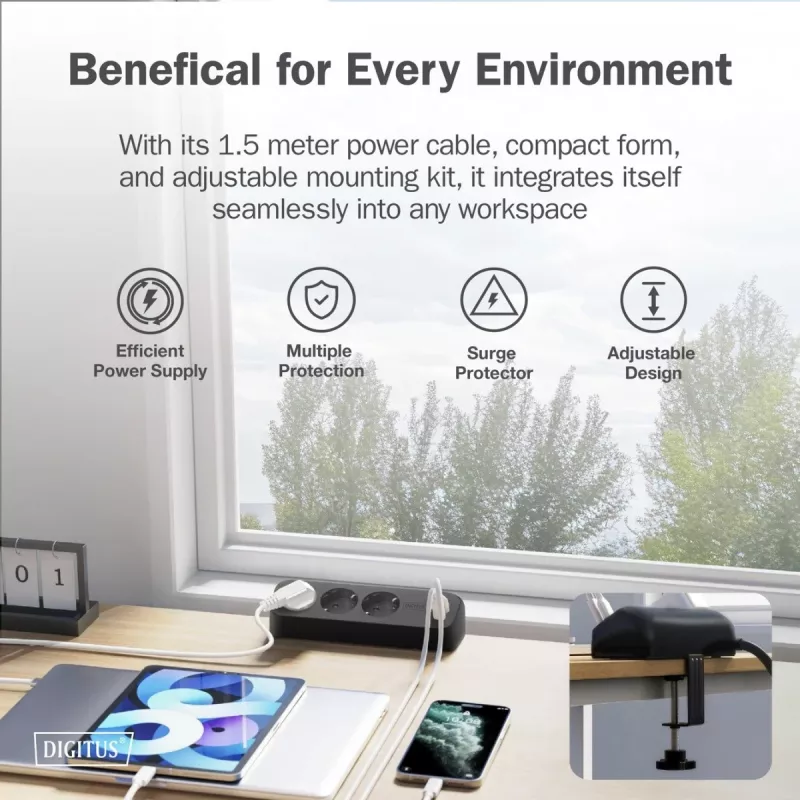 Extensão elétrica DIGITUS 3 tomadas com 2×USB-A & 1×USB-C, 3 tomadas AC tipo E/F, cabo de 1,5 m, preto