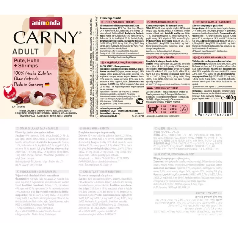 ANIMONDA Carny Adult Peru, Frango e Camarão - Alimento húmido para gatos - 400 g