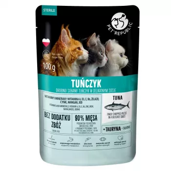 Comida húmida para gatos saqueta PetRepublic STERIL 100 g — filetes com atum, para gatos adultos esterilizados