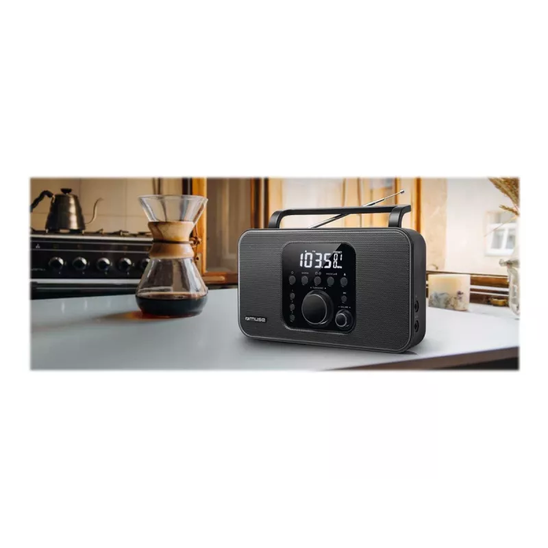 Muse M-091R rádio portátil, FM/AM, visor LCD, despertador, entrada AUX, alimentação por rede/pilhas, preto