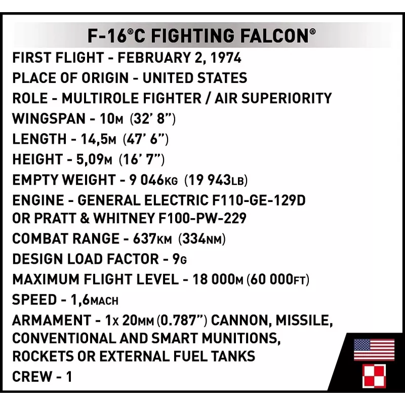 Conjunto de construção Cobi F-16C Fighting Falcon – 463 peças, maquete à escala