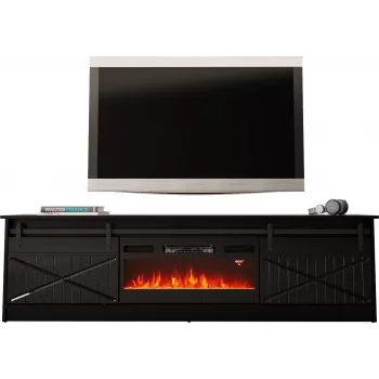 Suporte de TV com lareira Cama Meble modelo GRANERO – 200 x 56,7 x 35 cm, preto/preto brilhante, 2 portas, 2 prateleiras, portas de correr, MDF/aglomerado