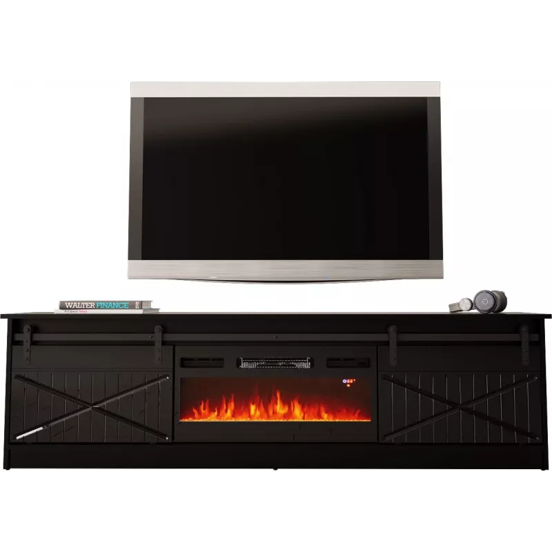 Suporte de TV com lareira Cama Meble modelo GRANERO – 200 x 56,7 x 35 cm, preto/preto brilhante, 2 portas, 2 prateleiras, portas de correr, MDF/aglomerado