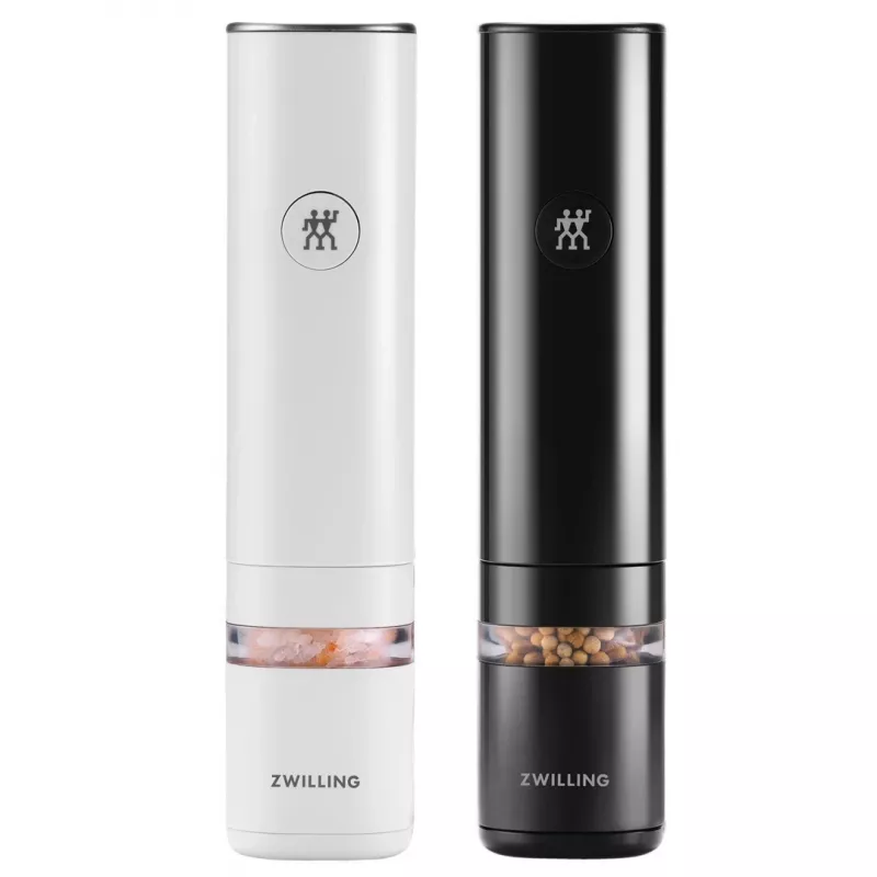 Conjunto de moinhos de sal e pimenta ZWILLING Enfinigy elétricos, mecanismos de cerâmica, branco e preto, a pilhas, moagem ajustável