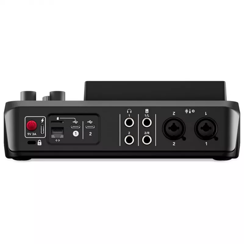 Controlador de estúdio RØDE Caster Duo preto — 2 Combo XLR/TRS, 2 saídas TRS Line, 48 kHz, 24-Bit, ecrã tátil, Wi‑Fi, Bluetooth