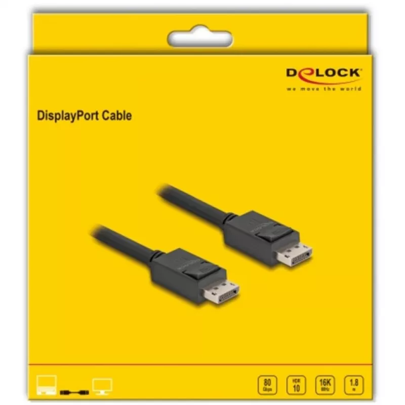 Cabo DisplayPort Delock - DisplayPort (macho) com bloqueio para DisplayPort (macho) com bloqueio - DisplayPort 2.1 - 1,8 m - Suporta 16K 60 Hz (15.360 x 8640), até 80 Gbps de transferência de dados