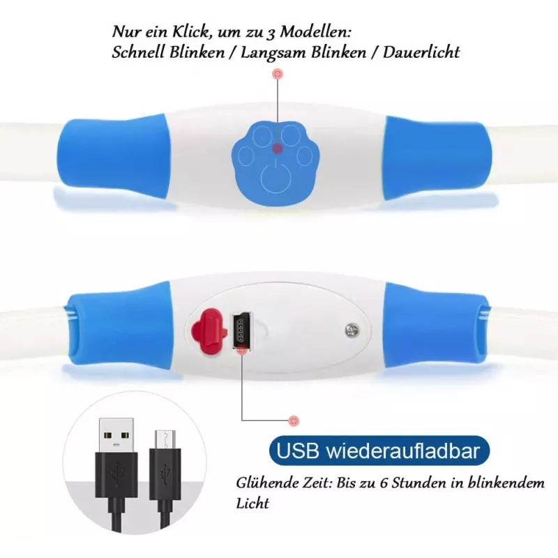 Coleira LED KABB azul para cães e gatos – recarregável, coleira de segurança ajustável com iluminação