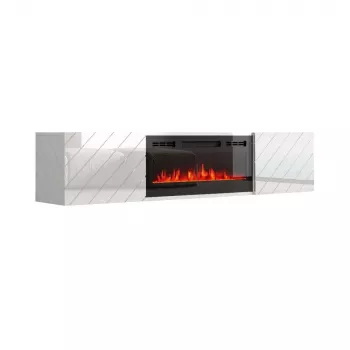 Móvel de TV cama meble LUXE 1826×345×375 mm branco brilhante com lareira elétrica preta incorporada (1400–1600 W)