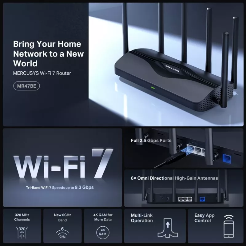 Router de mesa MERCUSYS MR47BE — Wi‑Fi 7 tri‑banda (2,4/5/6 GHz), 9300 Mbit/s, 3× RJ‑45, 2,5GbE, 6 antenas externas
