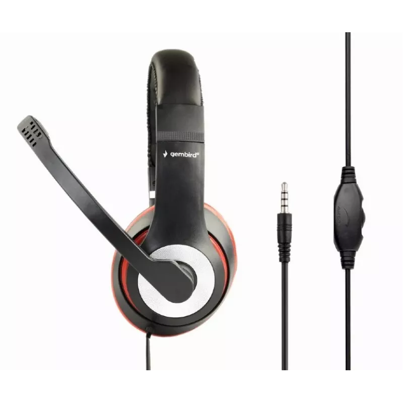 Headset gaming com fios GEMBIRD MHS-03-BKRD — binaural, circum-aural, 3,5 mm, cabo de 1,8 m, vermelho/preto